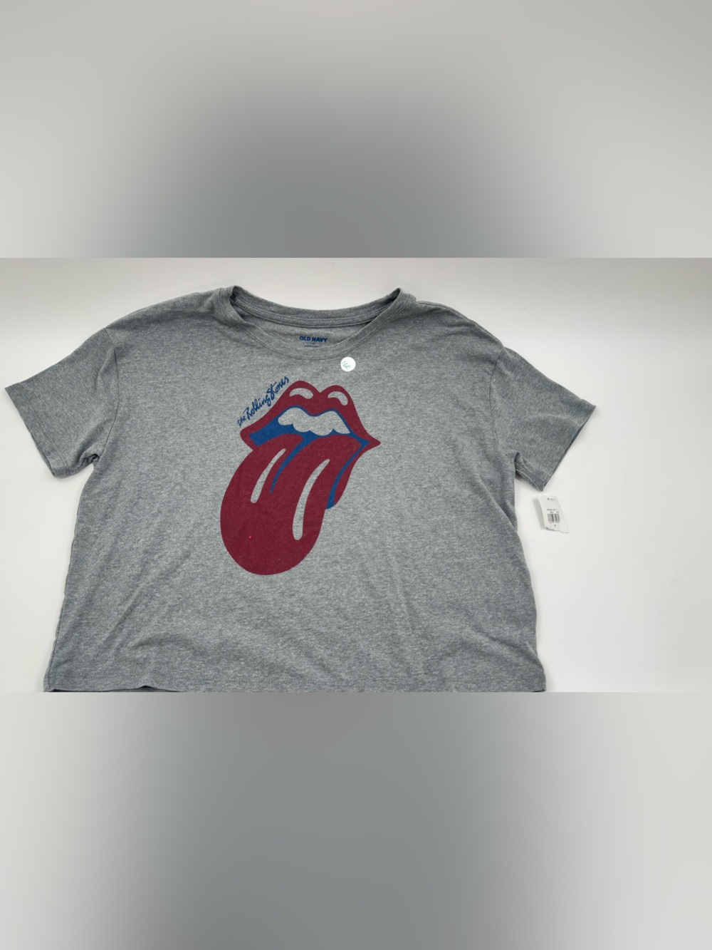 Old Navy Gray Tee with Red Tongue Graphic and Blue Accent
